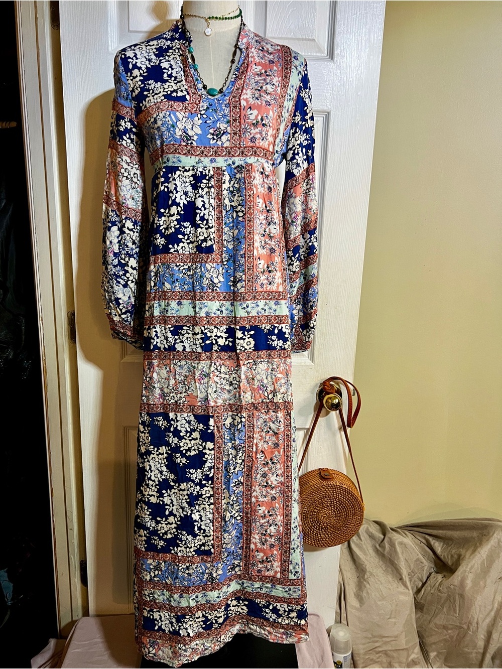 Jessy B Wms Blue Floral Pleated Patchwork L/S Boho Festival Hippie Maxi Dress XS